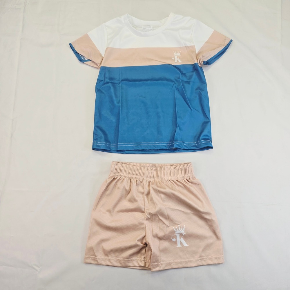 K Kids Colorblock Mesh Athletic Shirt and Shorts Set 4-5Y Blue Tan White